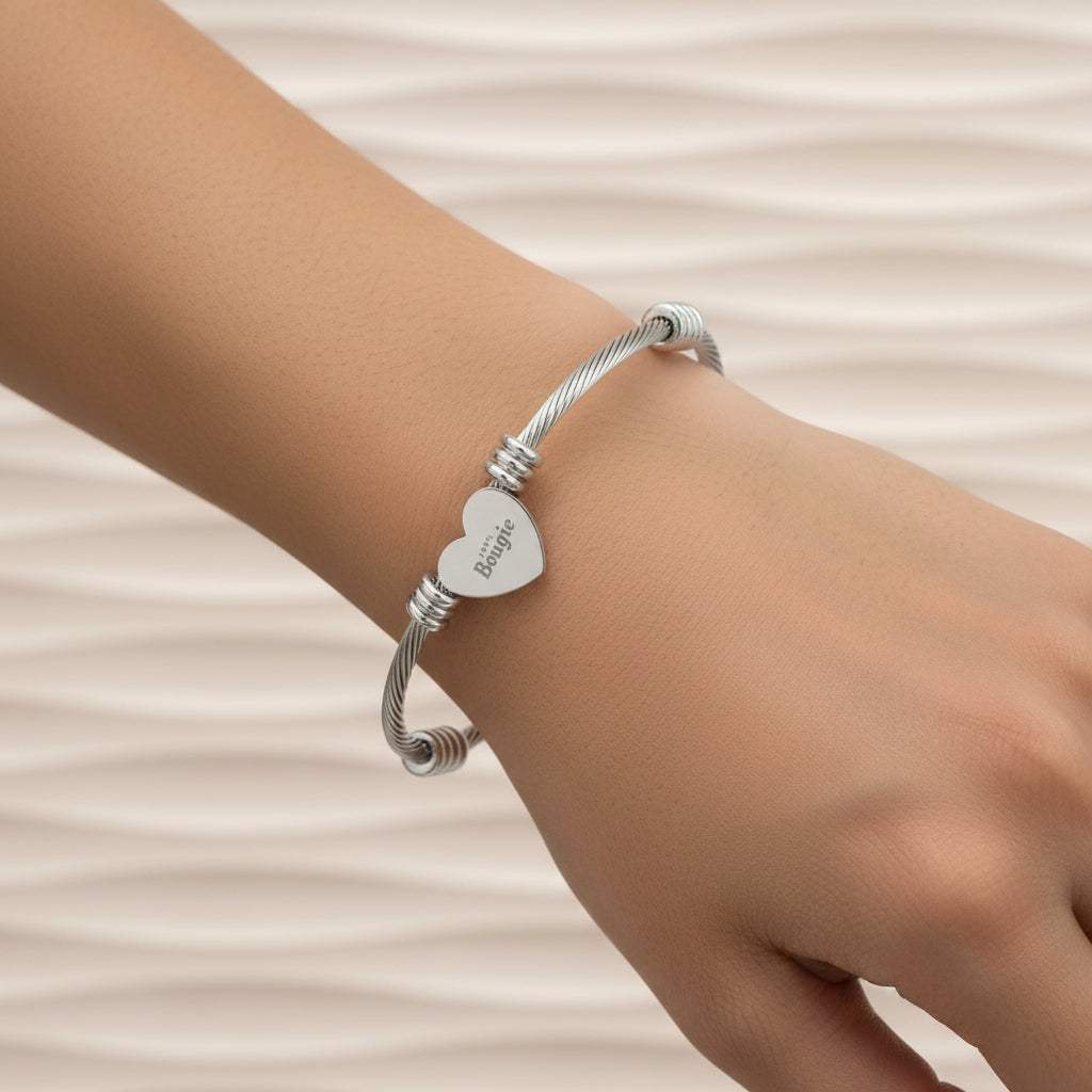 100% Bougie Engravable Heart Cuff Bracelet — Personalized Wire Bangle Gift