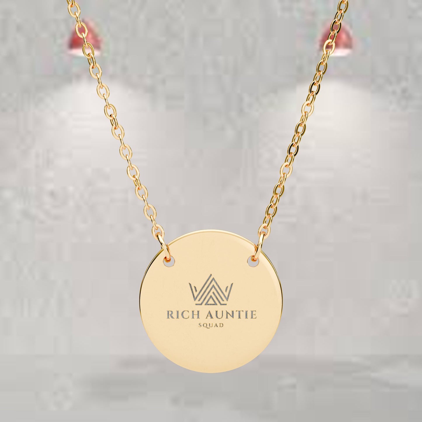Rich Auntie Squad Member Engraved Circle Necklace — Personalized Crown Logo Pendant