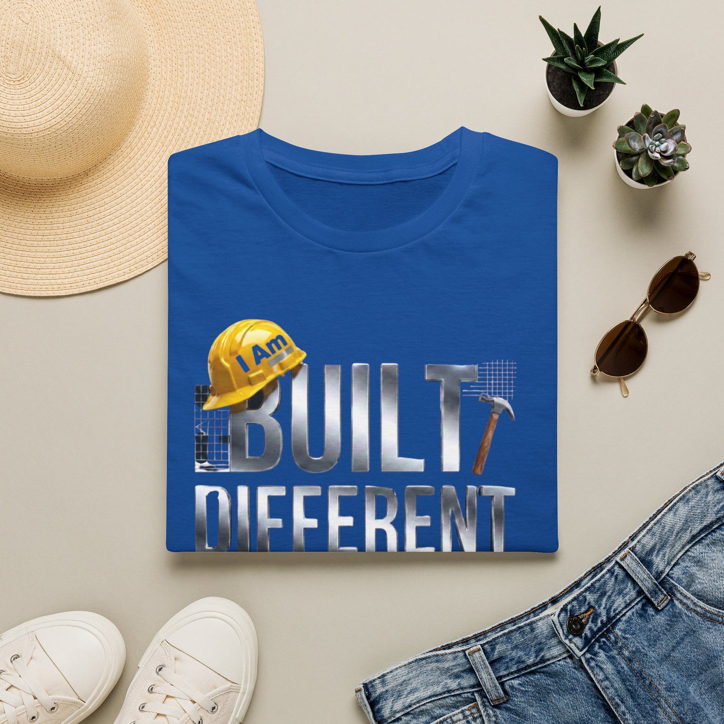 Built Different Construction T-Shirt — "I Am Built Different" Hard Hat & Hammer Tee