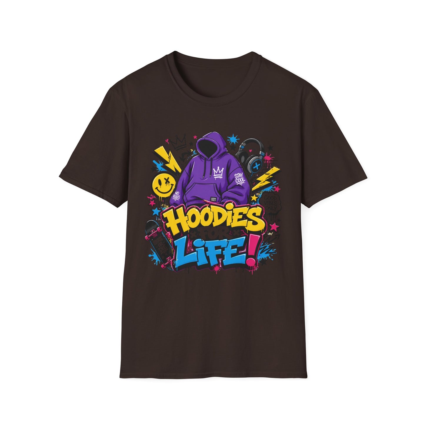 Hoodies For Life T‑Shirt — Streetwear Graphic Tee with Purple Hoodie & Graffiti Art