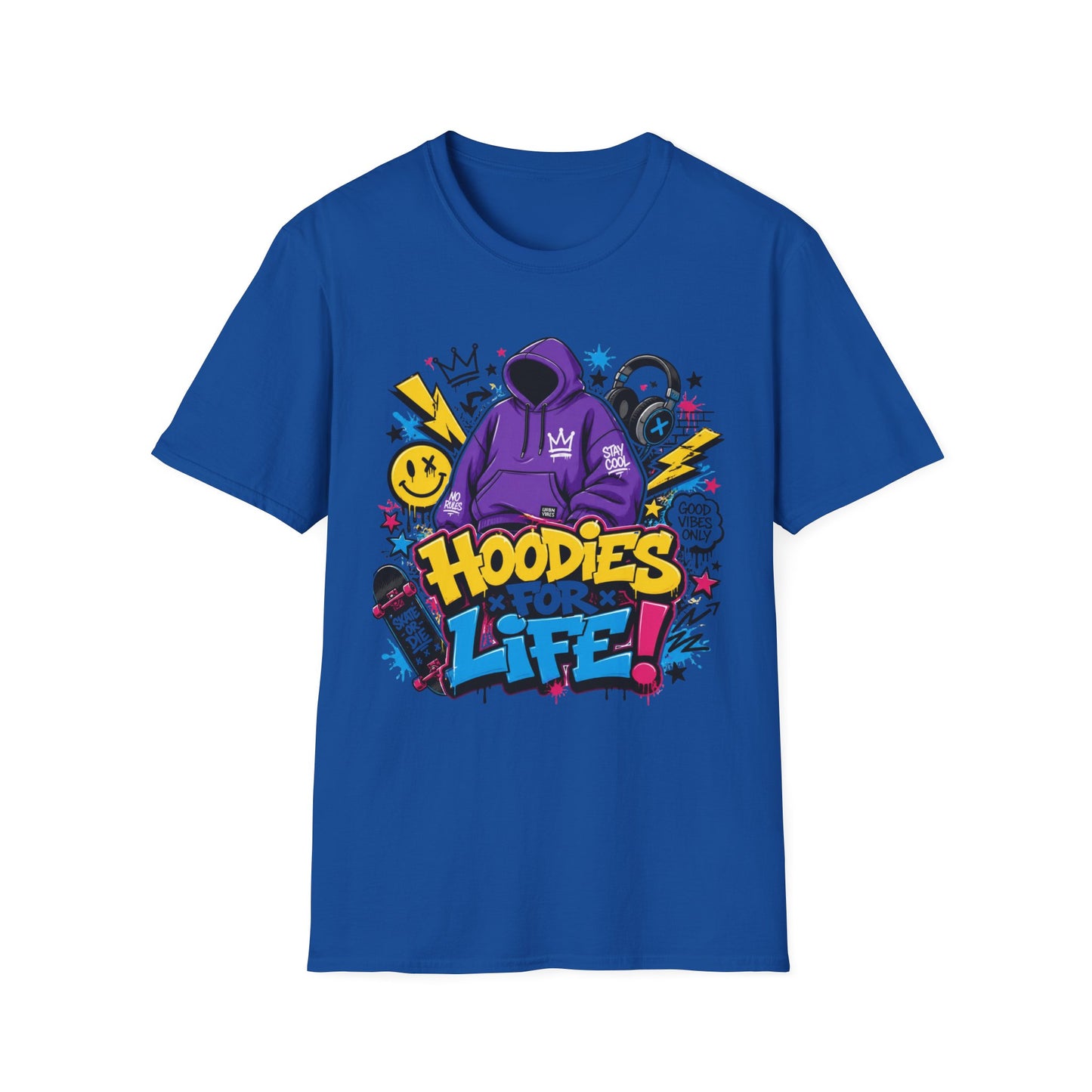 Hoodies For Life T‑Shirt — Streetwear Graphic Tee with Purple Hoodie & Graffiti Art