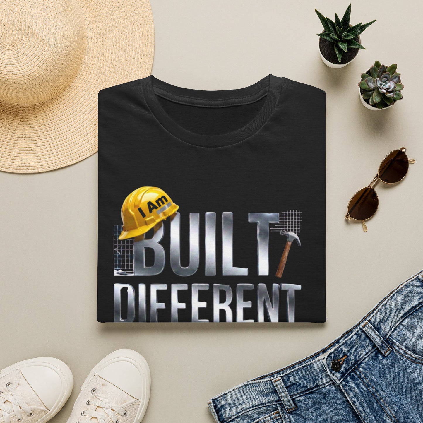 Built Different Construction T-Shirt — "I Am Built Different" Hard Hat & Hammer Tee