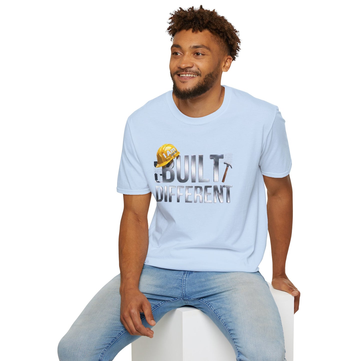 Built Different Construction T-Shirt — "I Am Built Different" Hard Hat & Hammer Tee