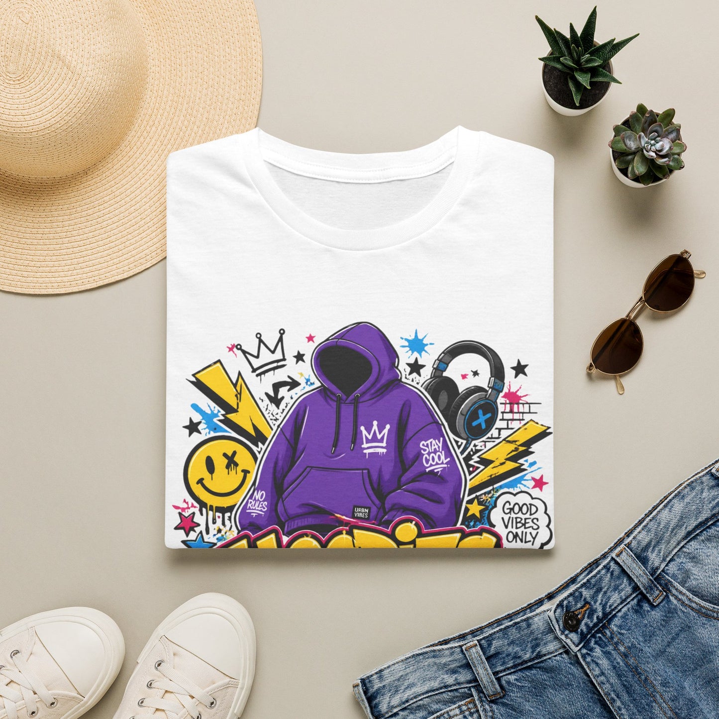 Hoodies For Life T‑Shirt — Streetwear Graphic Tee with Purple Hoodie & Graffiti Art