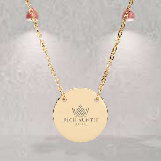 Rich Auntie Squad Member Engraved Circle Necklace — Personalized Crown Logo Pendant