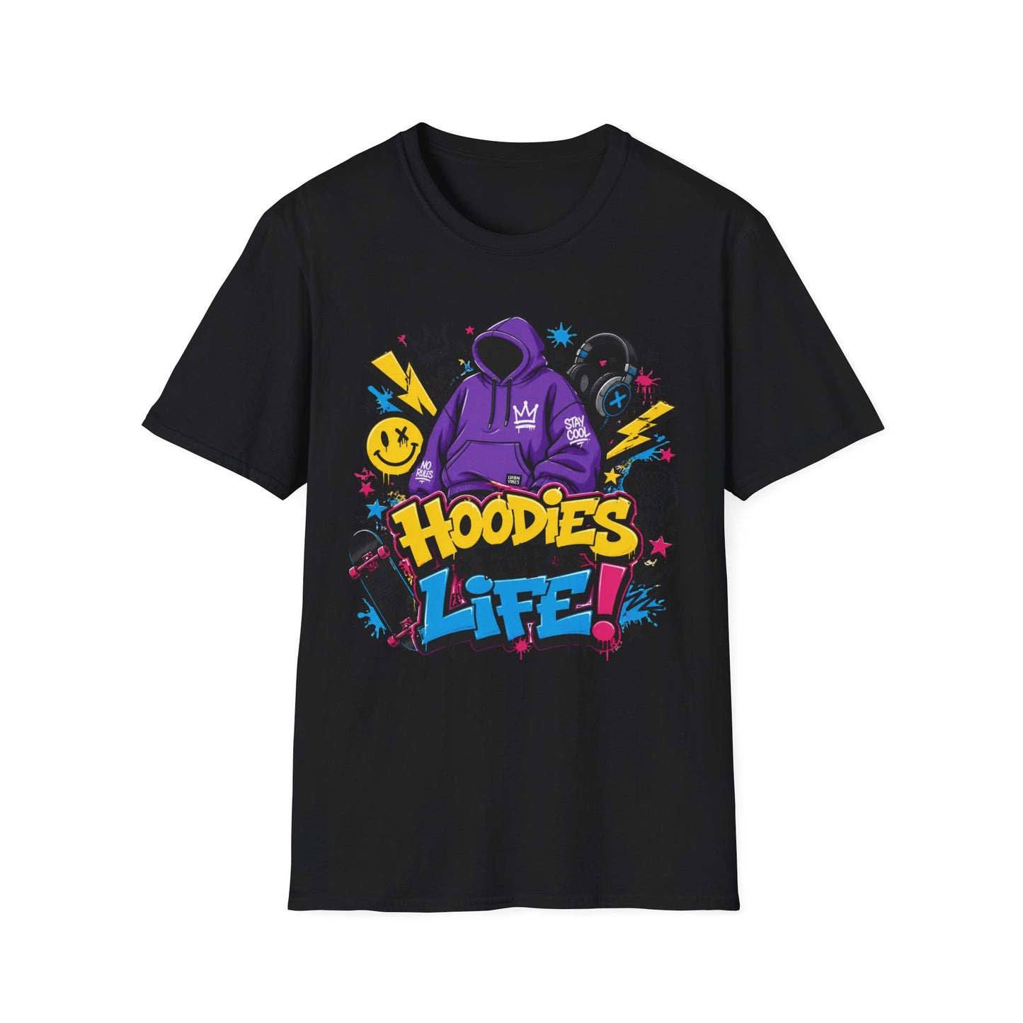 Hoodies For Life T‑Shirt — Streetwear Graphic Tee with Purple Hoodie & Graffiti Art