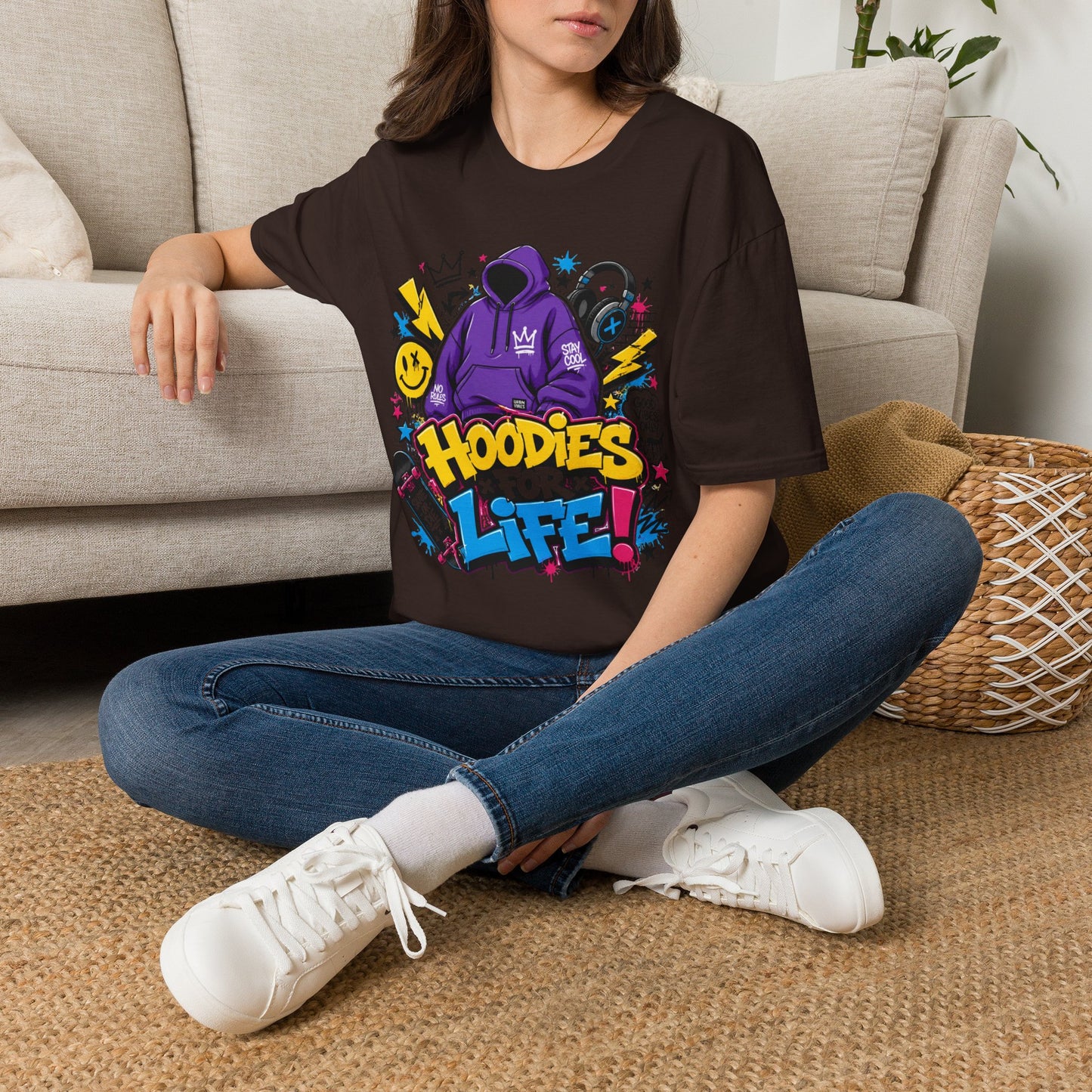 Hoodies For Life T‑Shirt — Streetwear Graphic Tee with Purple Hoodie & Graffiti Art