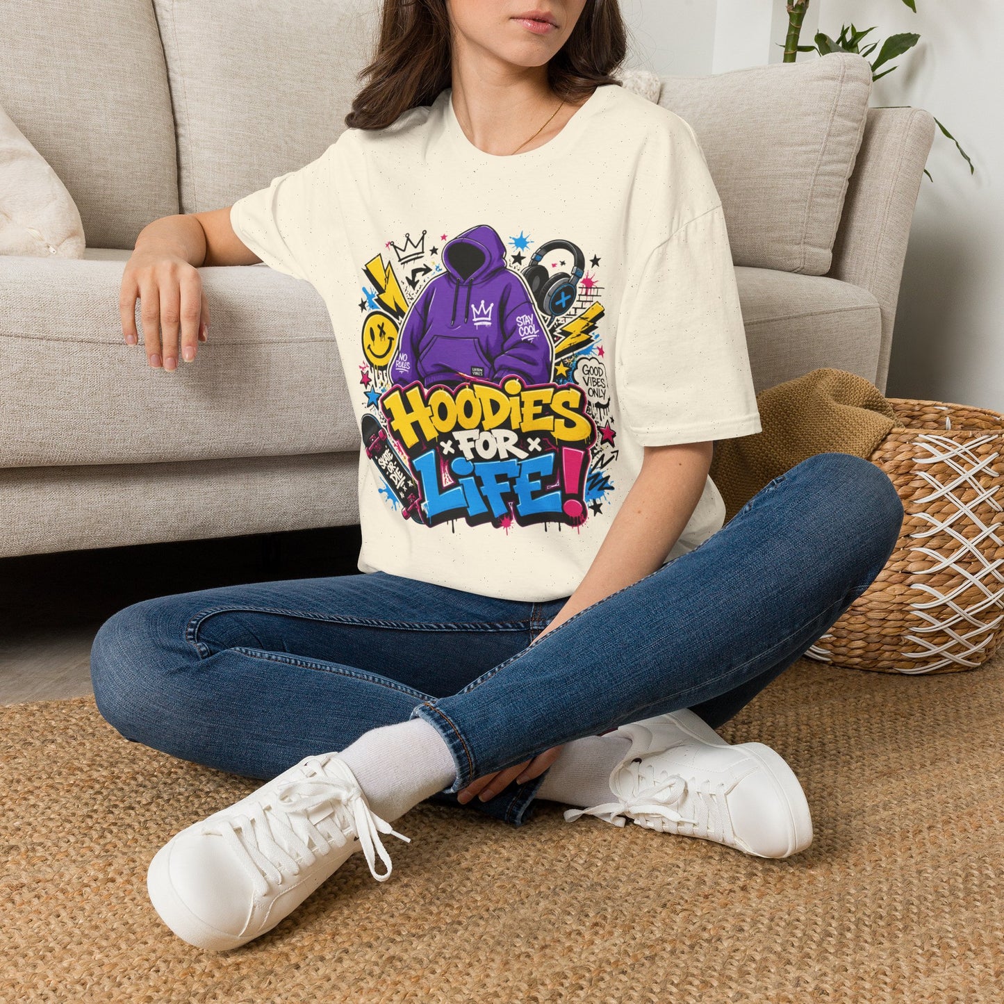 Hoodies For Life T‑Shirt — Streetwear Graphic Tee with Purple Hoodie & Graffiti Art