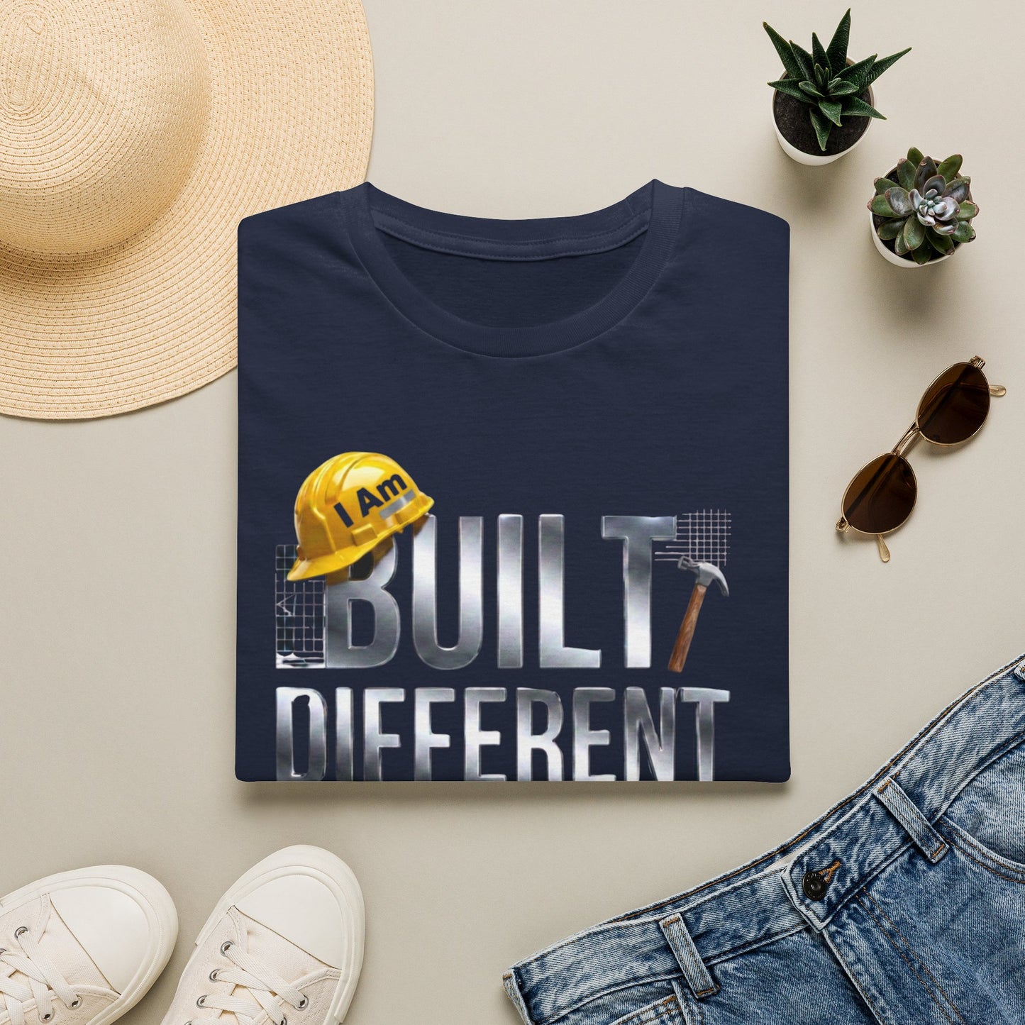 Built Different Construction T-Shirt — "I Am Built Different" Hard Hat & Hammer Tee