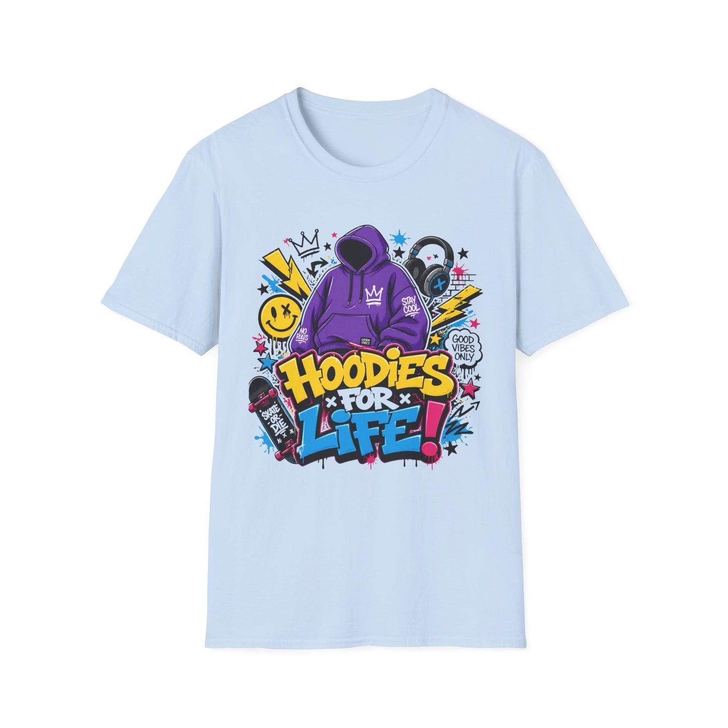 Hoodies For Life T‑Shirt — Streetwear Graphic Tee with Purple Hoodie & Graffiti Art