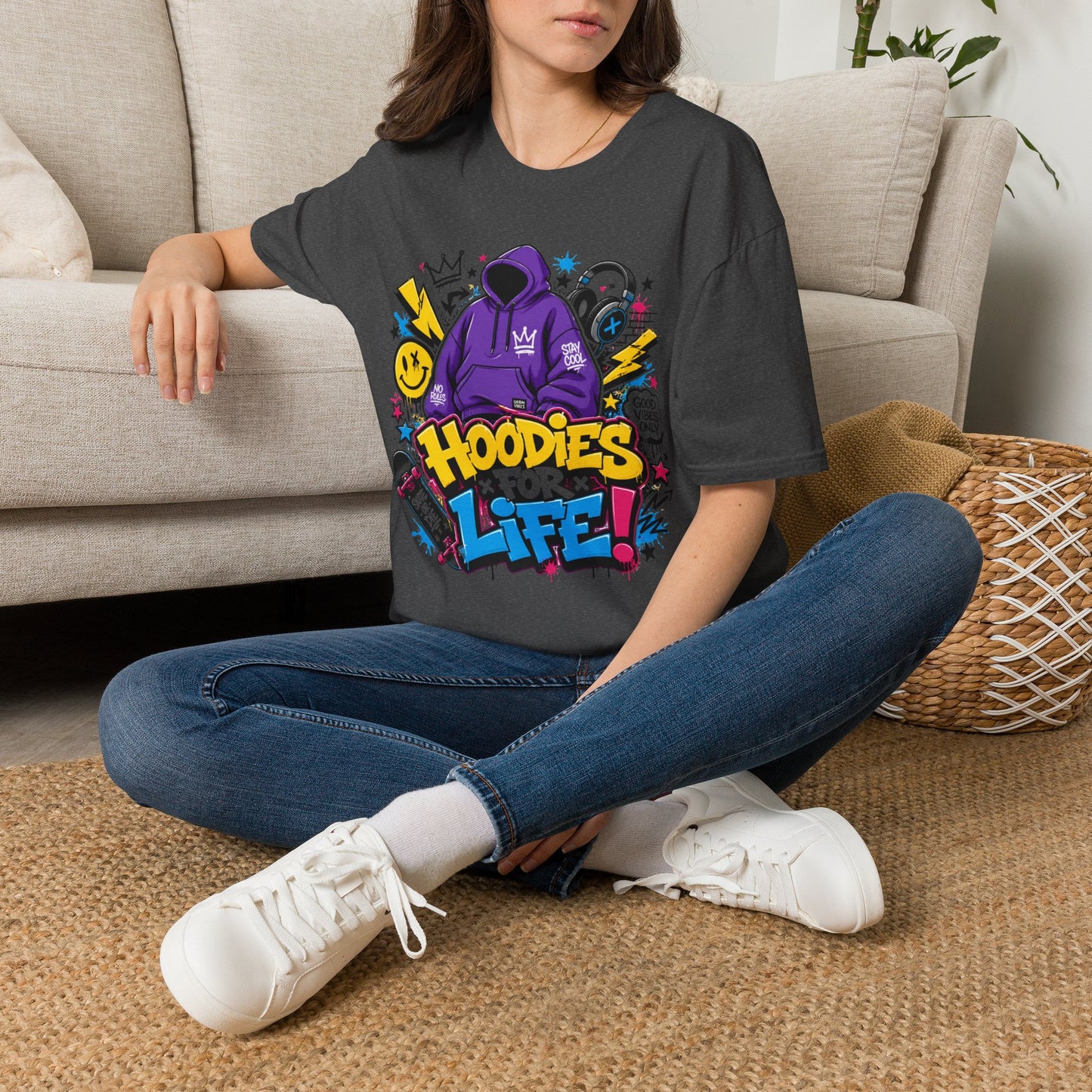 Hoodies For Life T‑Shirt — Streetwear Graphic Tee with Purple Hoodie & Graffiti Art