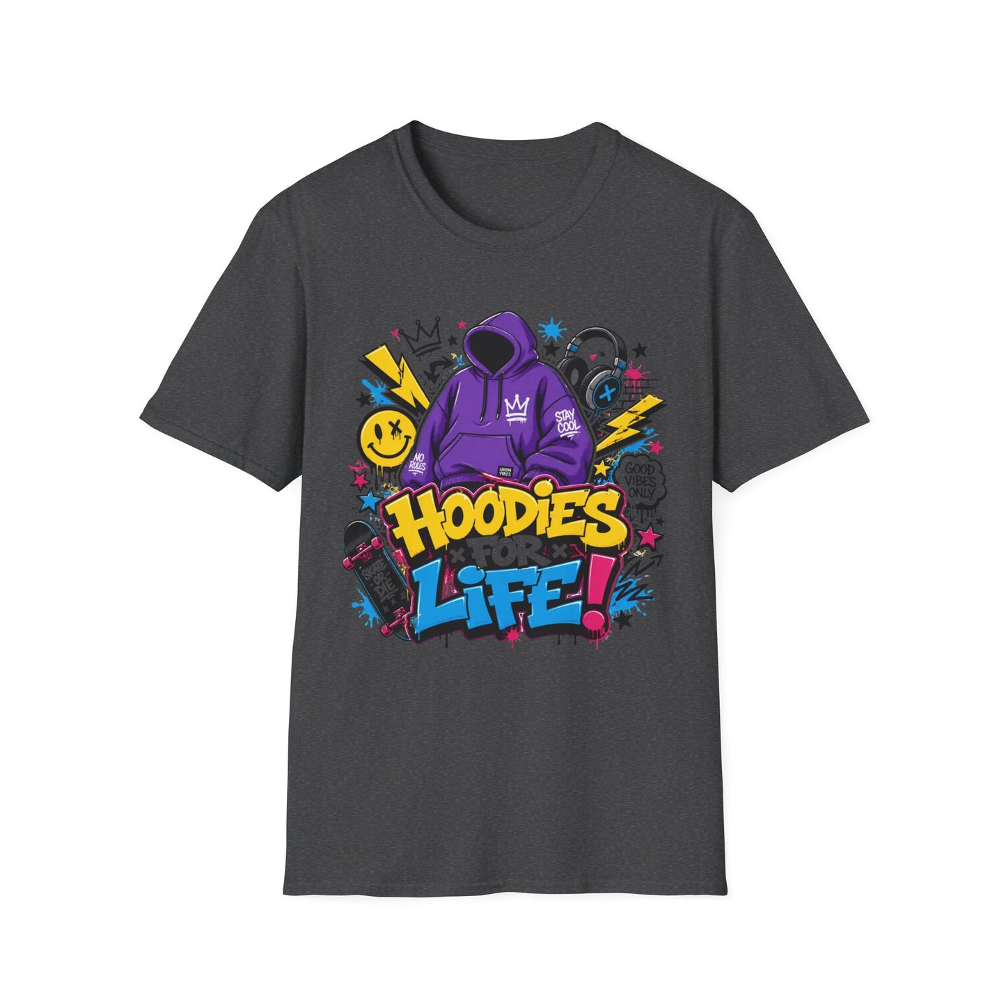 Hoodies For Life T‑Shirt — Streetwear Graphic Tee with Purple Hoodie & Graffiti Art