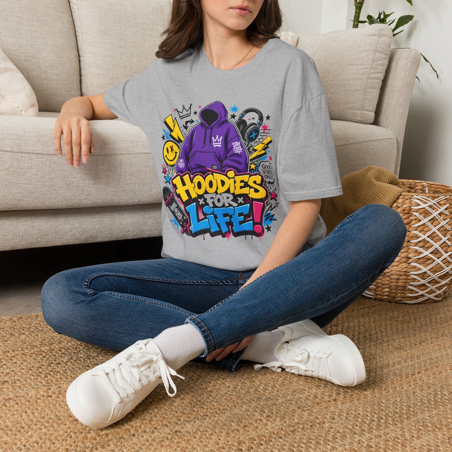 Hoodies For Life T‑Shirt — Streetwear Graphic Tee with Purple Hoodie & Graffiti Art