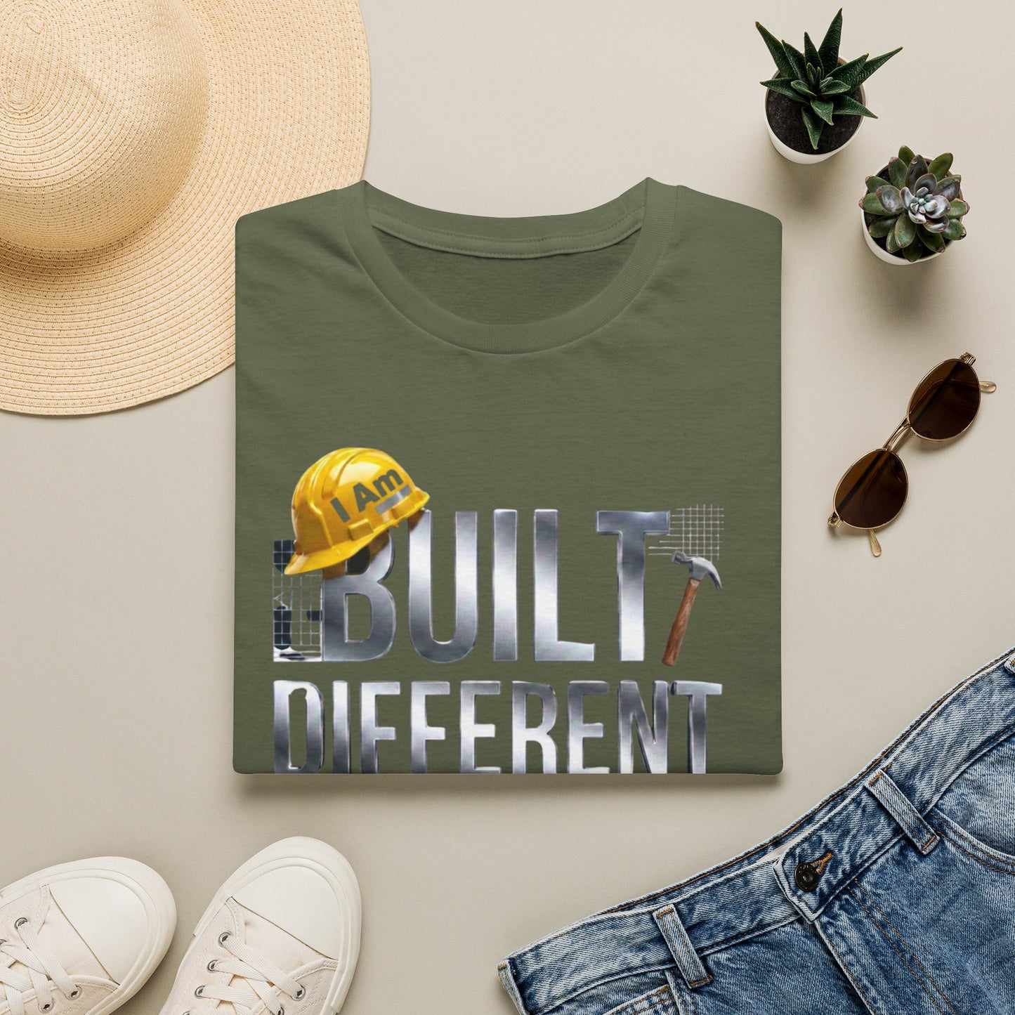 Built Different Construction T-Shirt — "I Am Built Different" Hard Hat & Hammer Tee