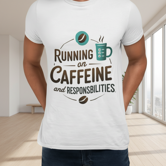 Running on Caffeine and Responsibilities T-Shirt — Funny Coffee Tee for Busy Adults