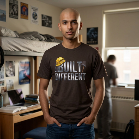 Built Different Construction T-Shirt — "I Am Built Different" Hard Hat & Hammer Tee