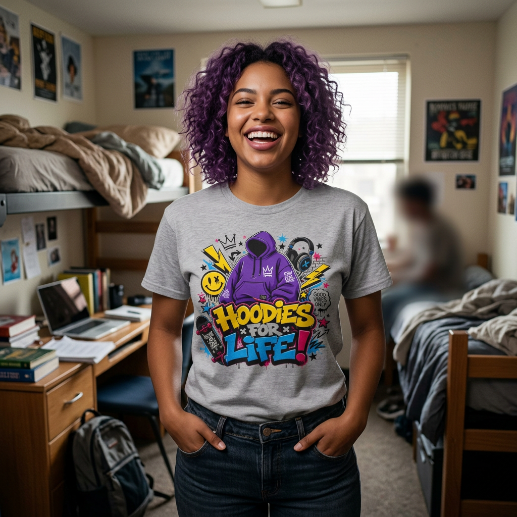 Hoodies For Life T‑Shirt — Streetwear Graphic Tee with Purple Hoodie & Graffiti Art