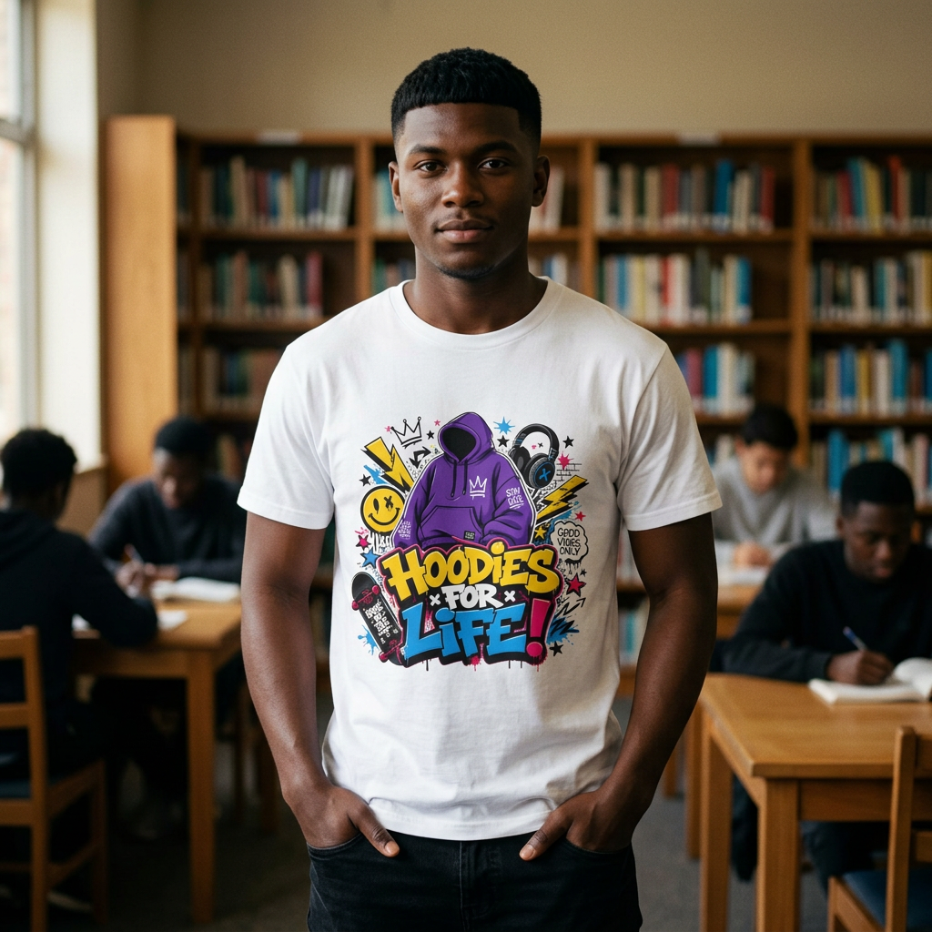 Hoodies For Life T‑Shirt — Streetwear Graphic Tee with Purple Hoodie & Graffiti Art