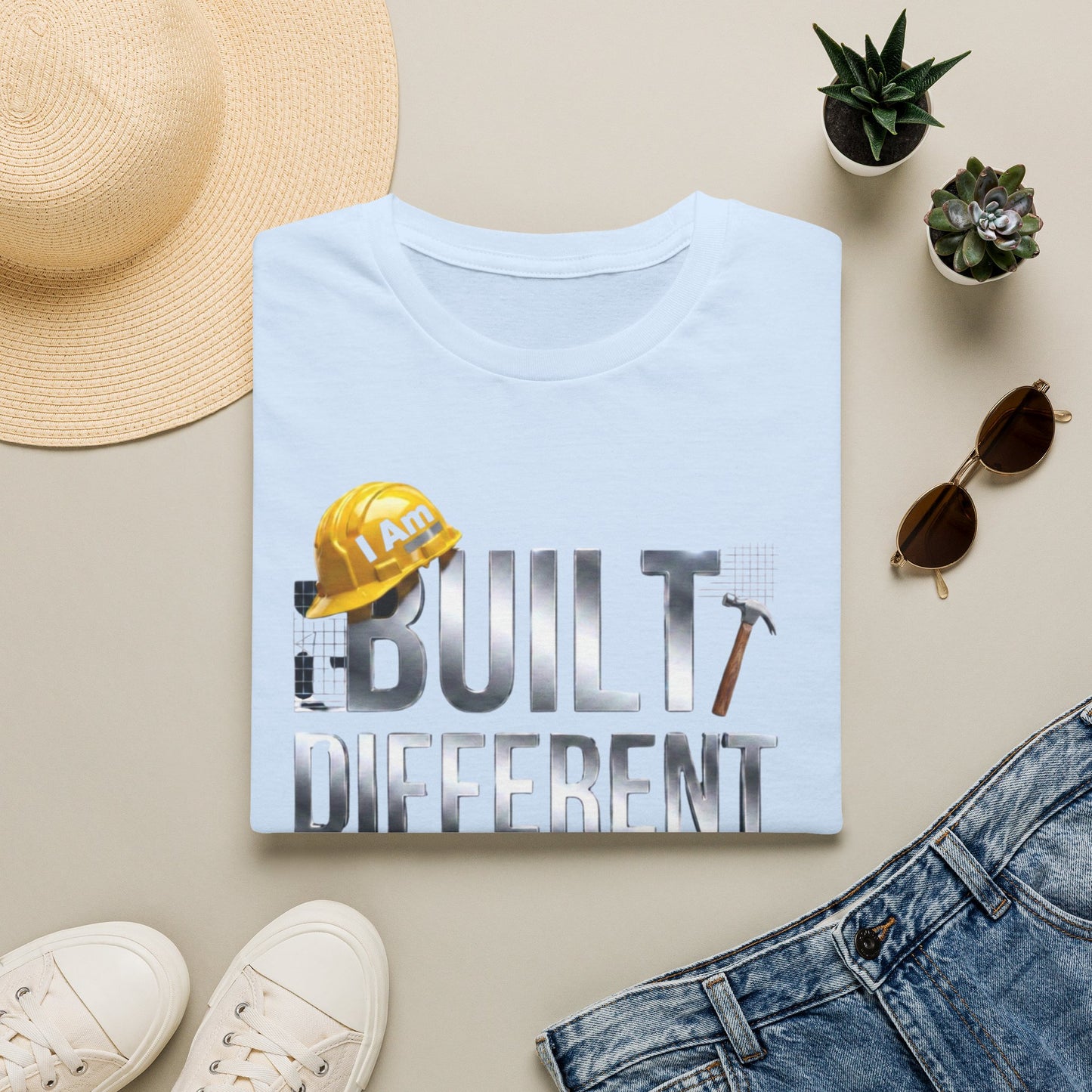Built Different Construction T-Shirt — "I Am Built Different" Hard Hat & Hammer Tee