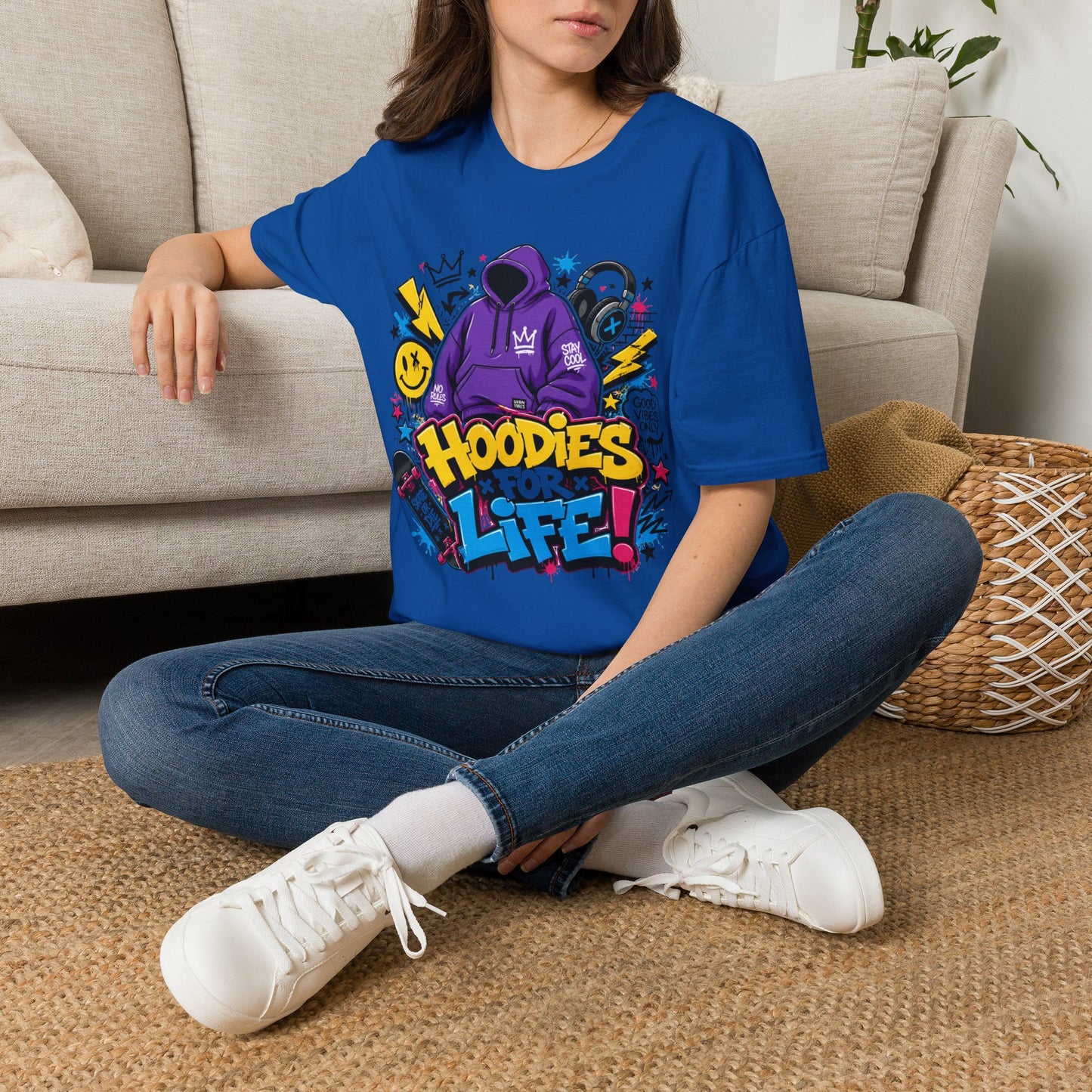 Hoodies For Life T‑Shirt — Streetwear Graphic Tee with Purple Hoodie & Graffiti Art