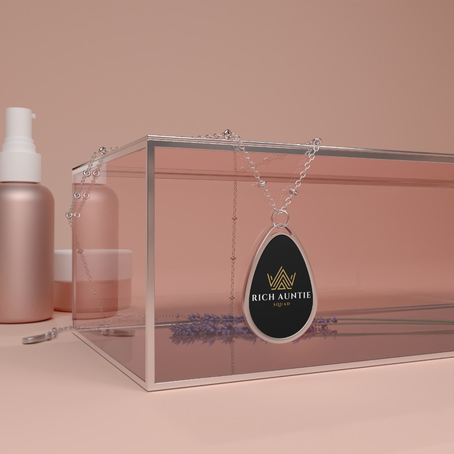 Token Rich Auntie Squad Oval Pendant Necklace — "Rich Auntie" Gold Logo Teardrop Jewelry