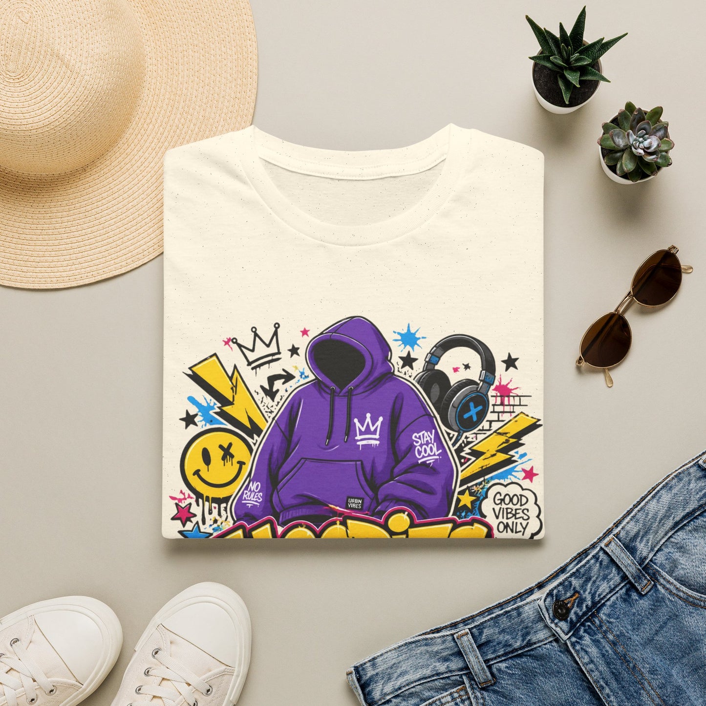Hoodies For Life T‑Shirt — Streetwear Graphic Tee with Purple Hoodie & Graffiti Art