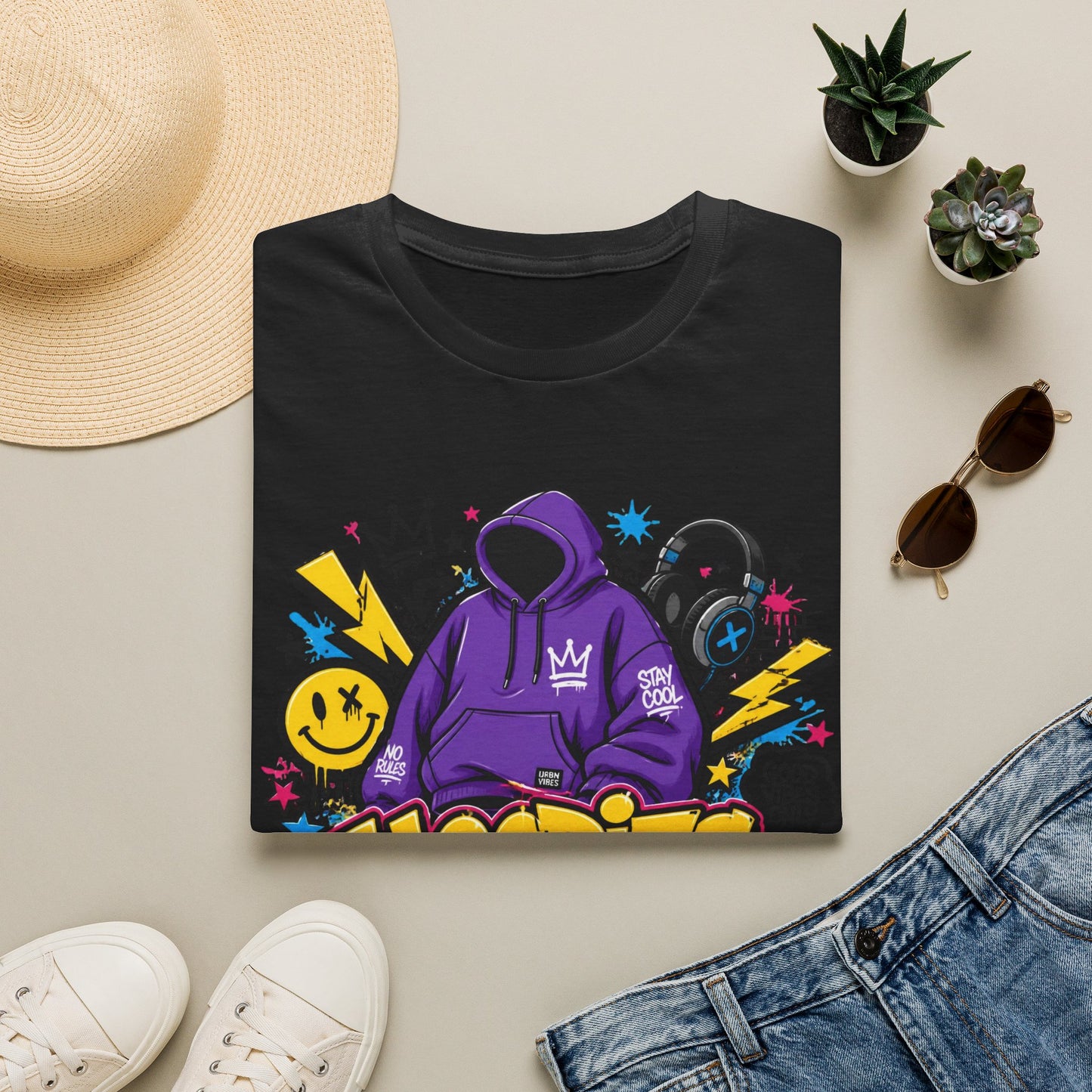 Hoodies For Life T‑Shirt — Streetwear Graphic Tee with Purple Hoodie & Graffiti Art