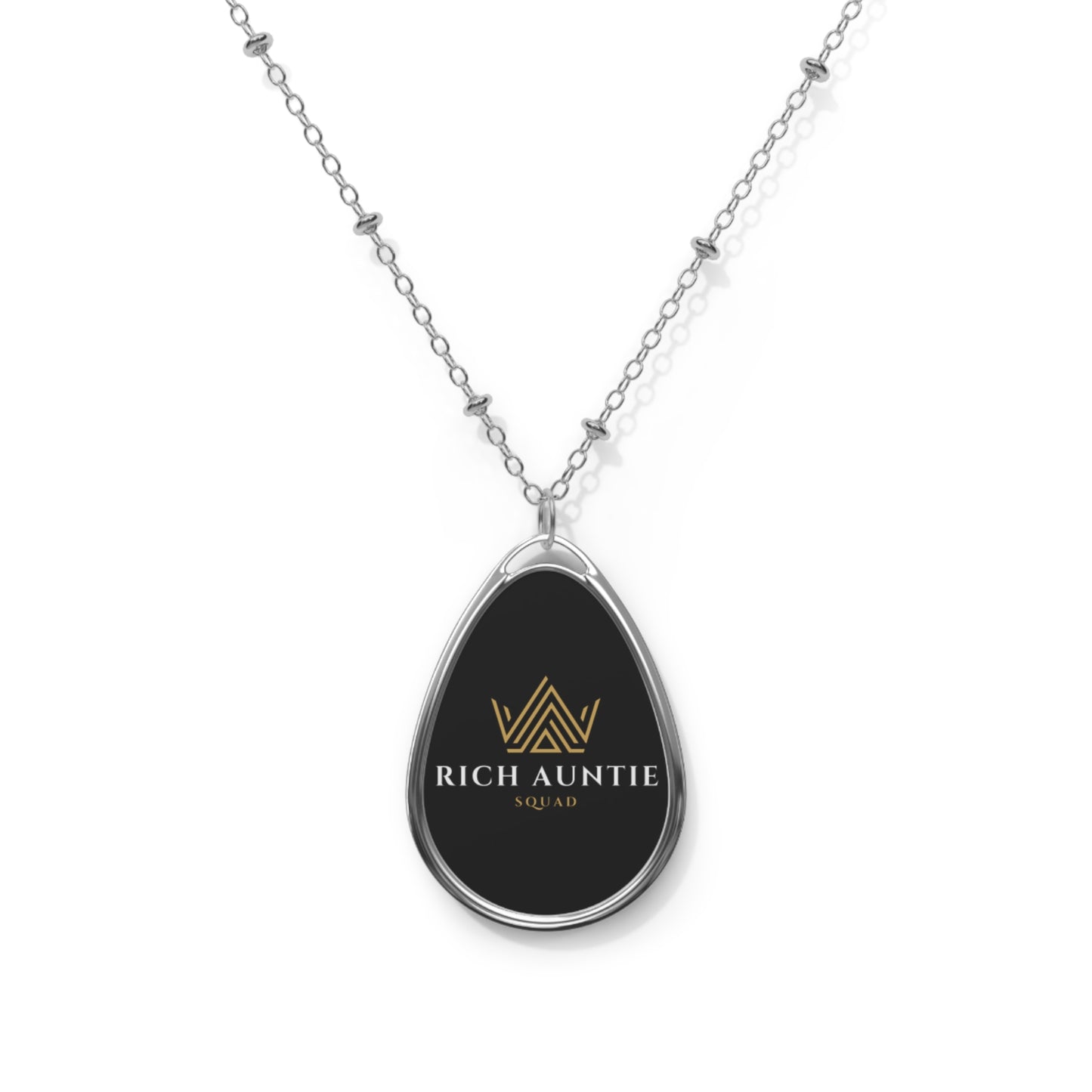 Token Rich Auntie Squad Oval Pendant Necklace — "Rich Auntie" Gold Logo Teardrop Jewelry