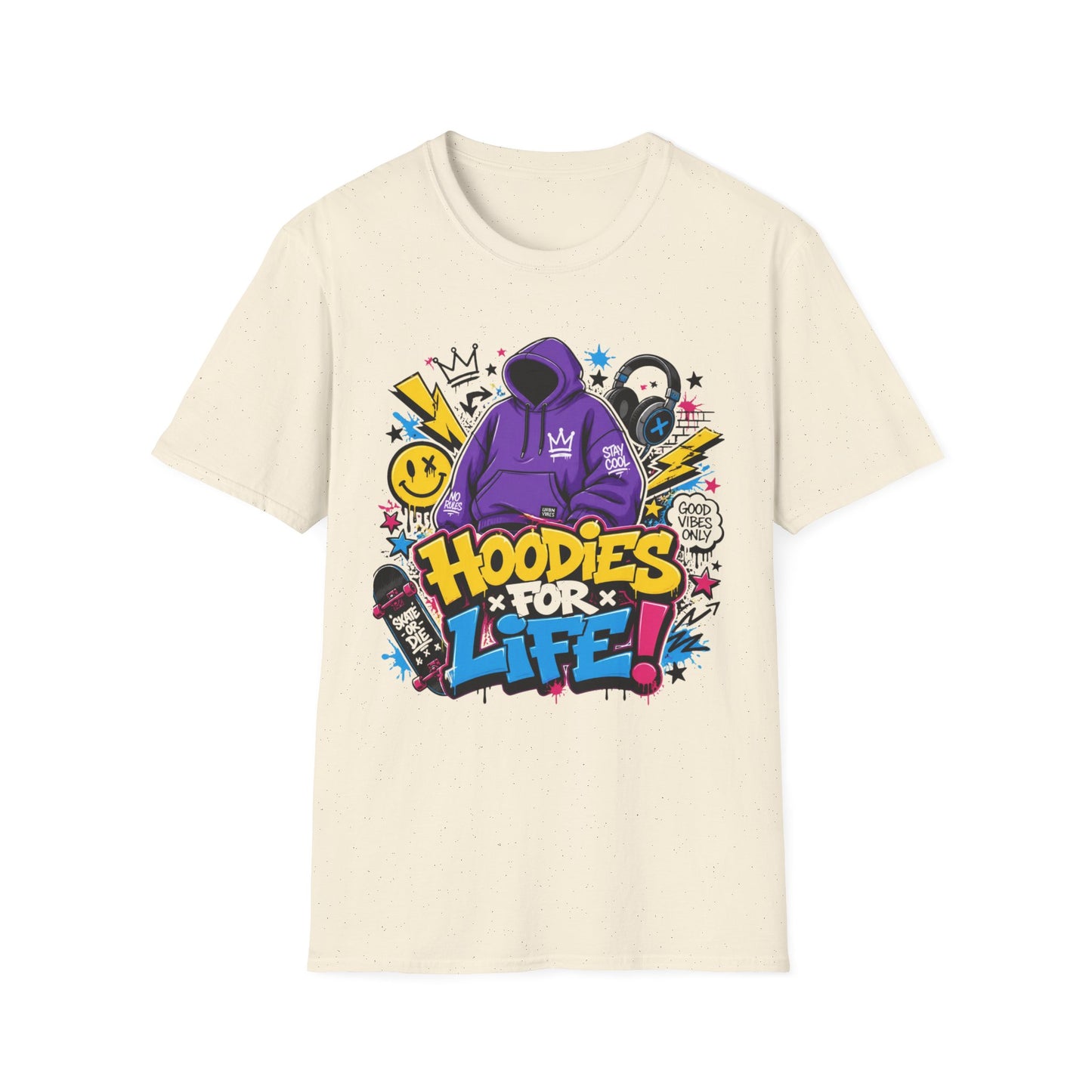 Hoodies For Life T‑Shirt — Streetwear Graphic Tee with Purple Hoodie & Graffiti Art
