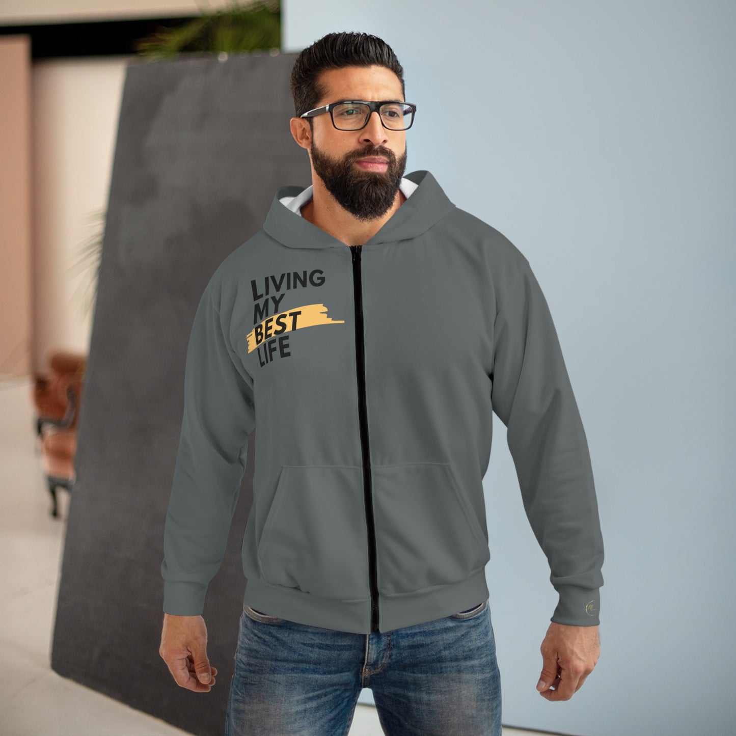 Living my best life! Unisex Zip Hoodie (AOP)