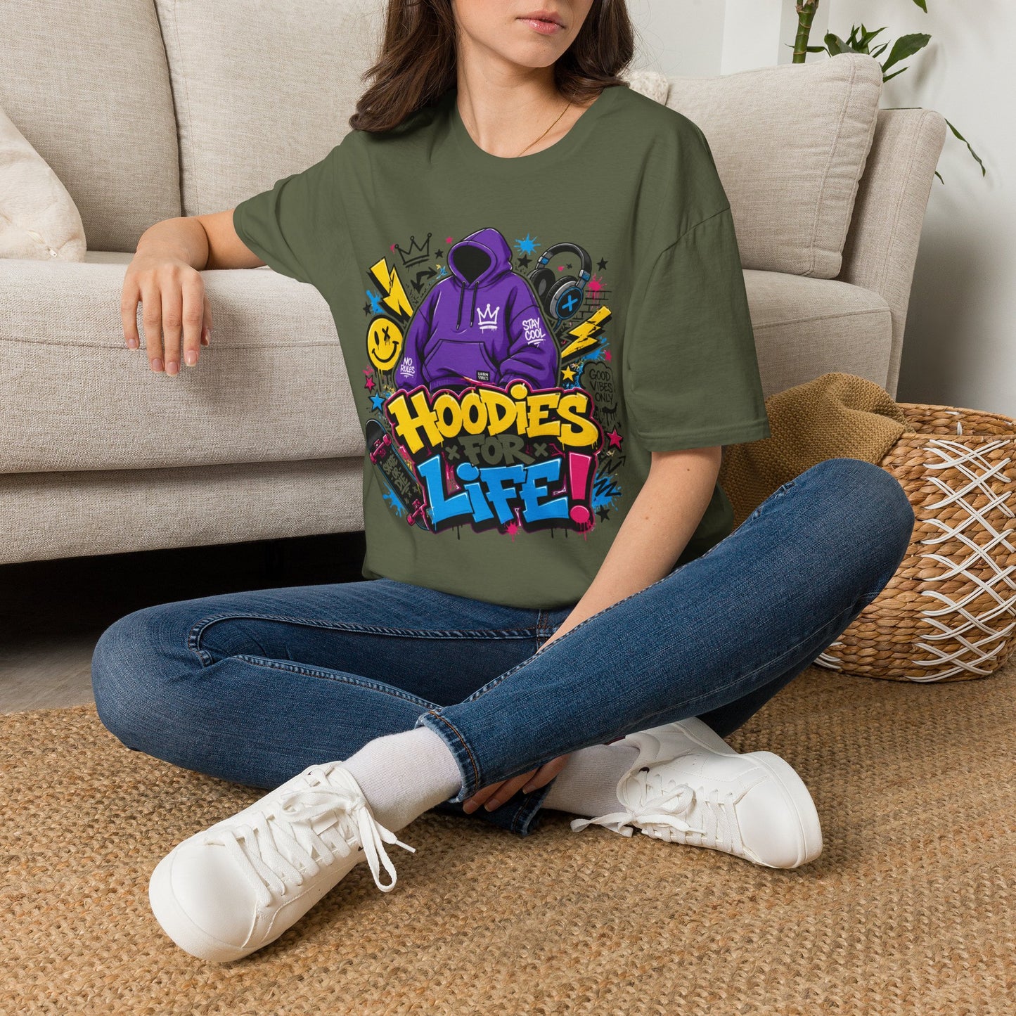 Hoodies For Life T‑Shirt — Streetwear Graphic Tee with Purple Hoodie & Graffiti Art