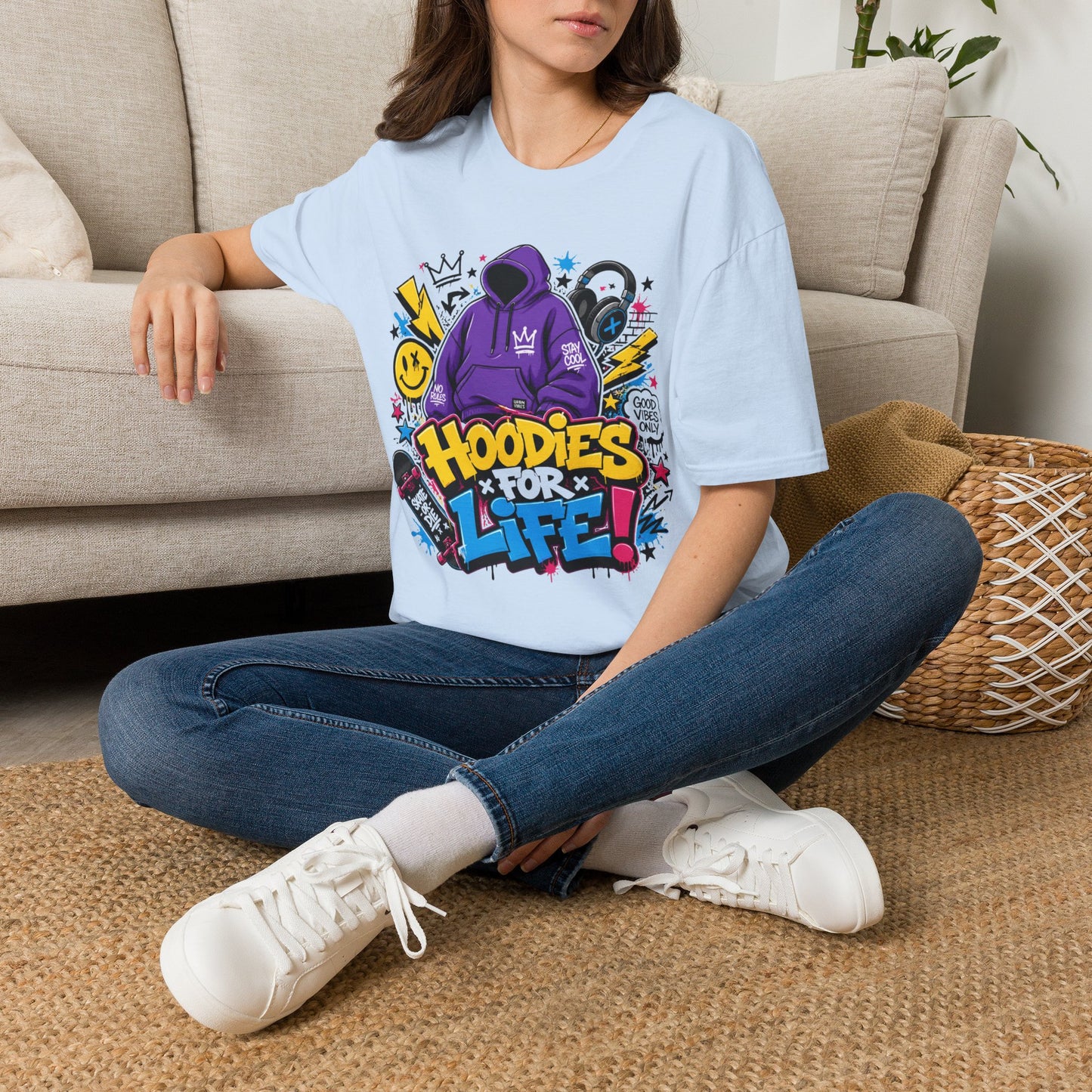 Hoodies For Life T‑Shirt — Streetwear Graphic Tee with Purple Hoodie & Graffiti Art