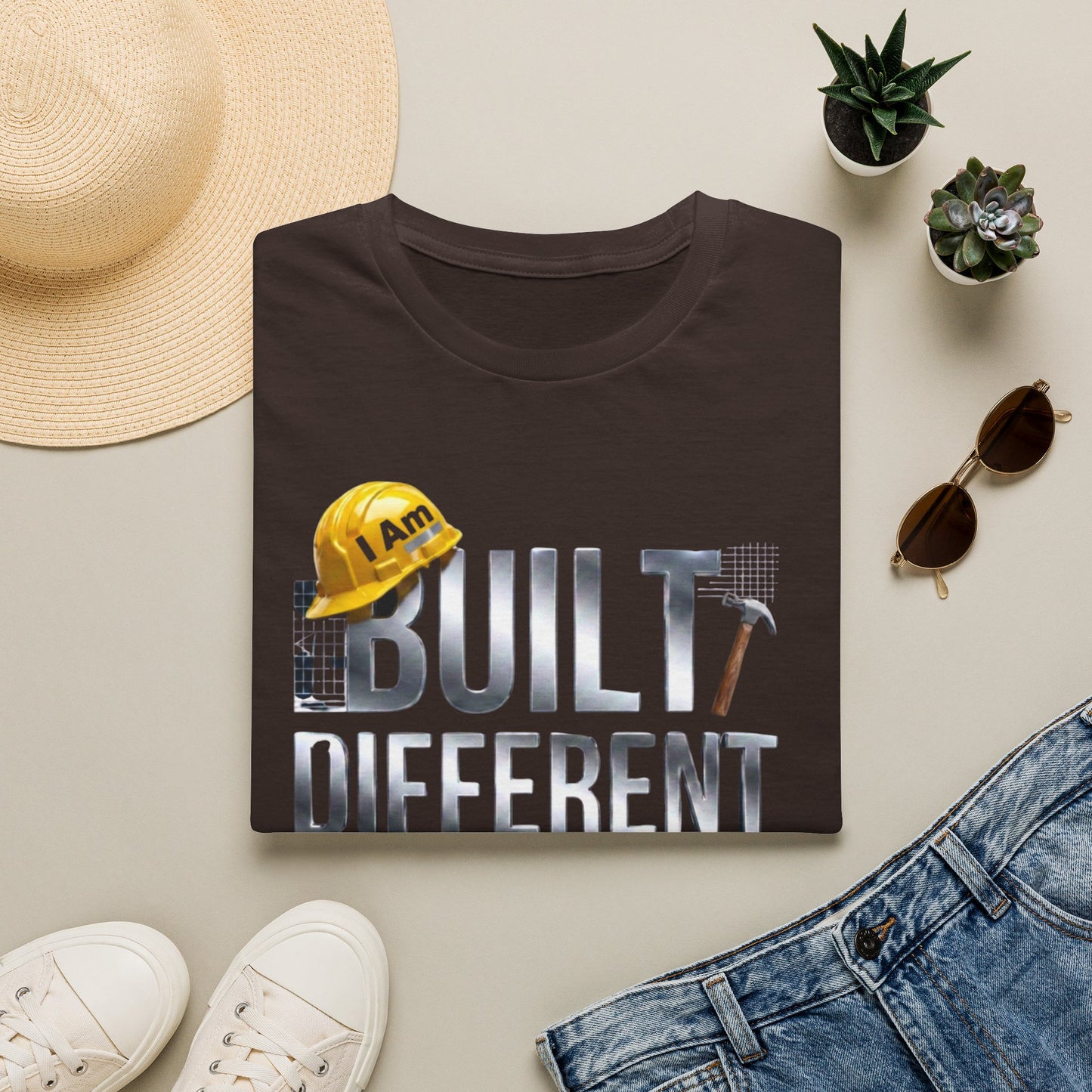 Built Different Construction T-Shirt — "I Am Built Different" Hard Hat & Hammer Tee