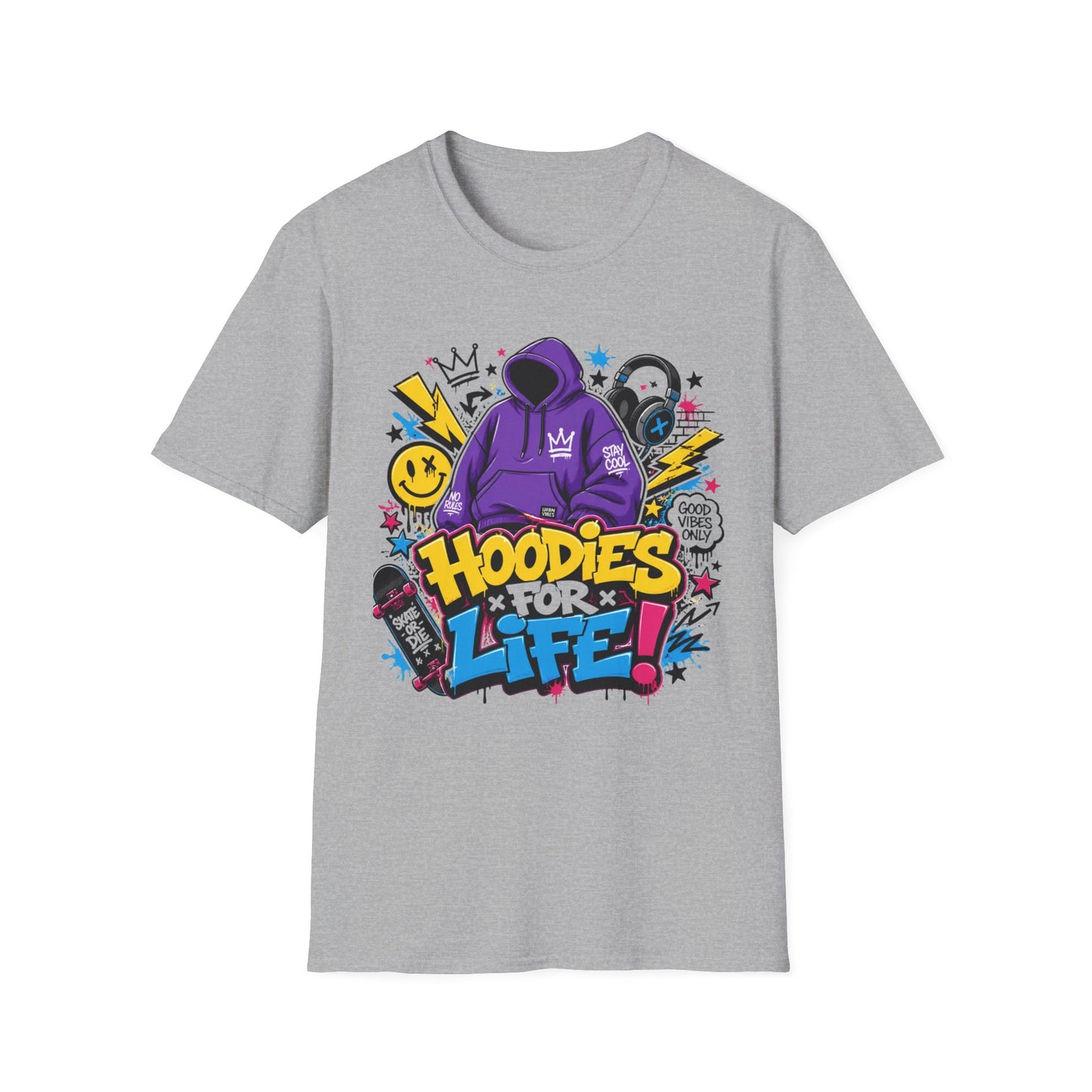 Hoodies For Life T‑Shirt — Streetwear Graphic Tee with Purple Hoodie & Graffiti Art