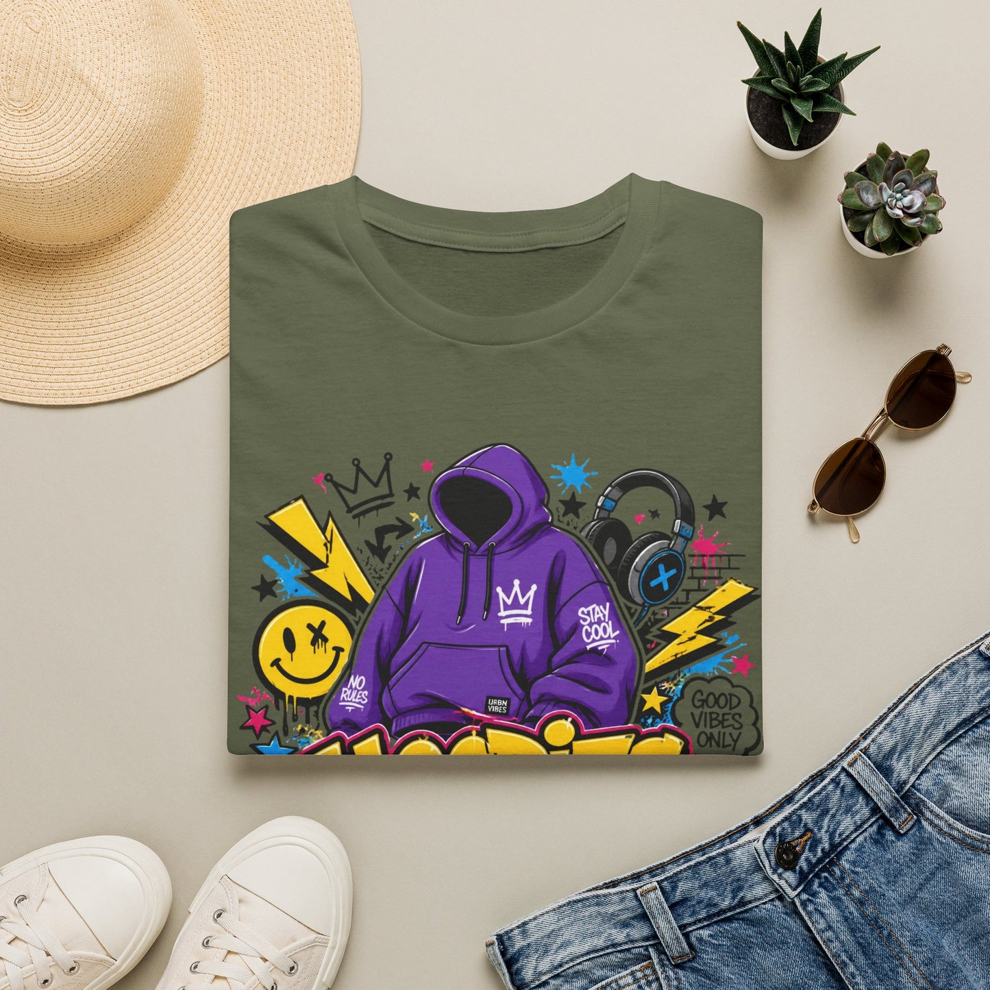 Hoodies For Life T‑Shirt — Streetwear Graphic Tee with Purple Hoodie & Graffiti Art