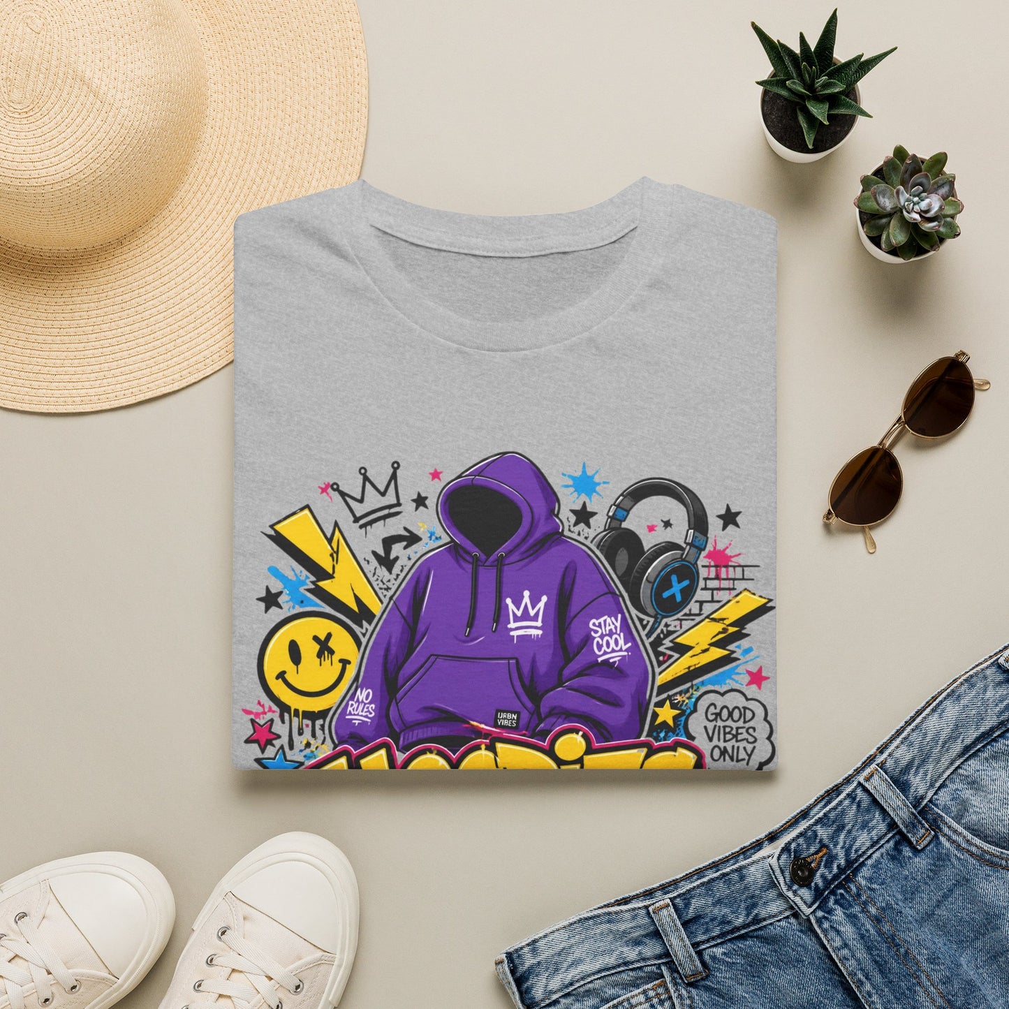Hoodies For Life T‑Shirt — Streetwear Graphic Tee with Purple Hoodie & Graffiti Art