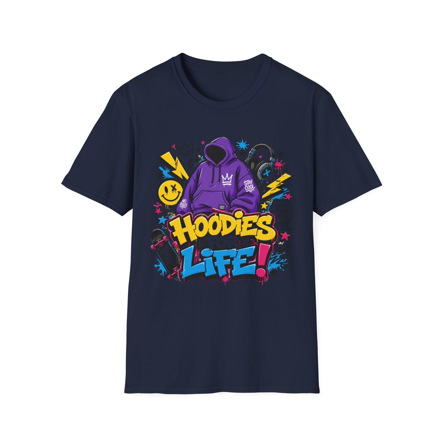 Hoodies For Life T‑Shirt — Streetwear Graphic Tee with Purple Hoodie & Graffiti Art