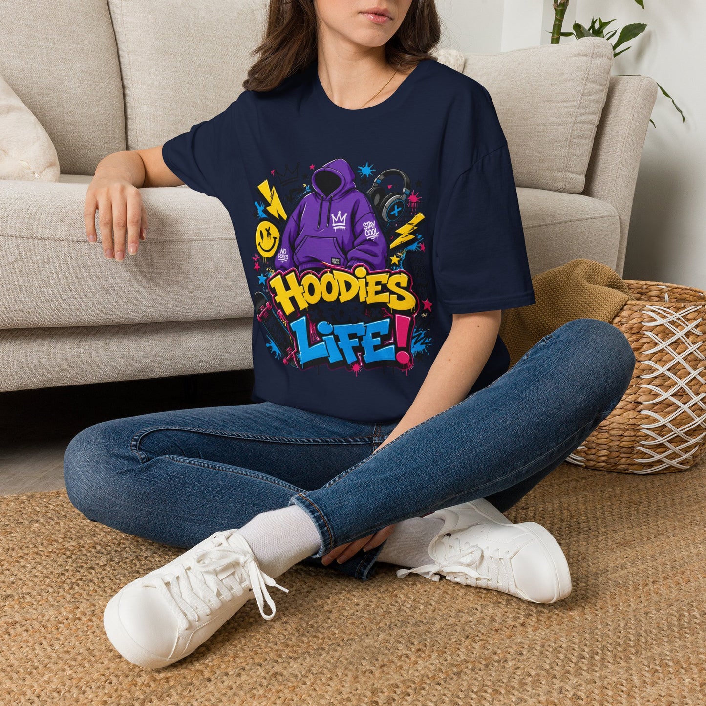 Hoodies For Life T‑Shirt — Streetwear Graphic Tee with Purple Hoodie & Graffiti Art