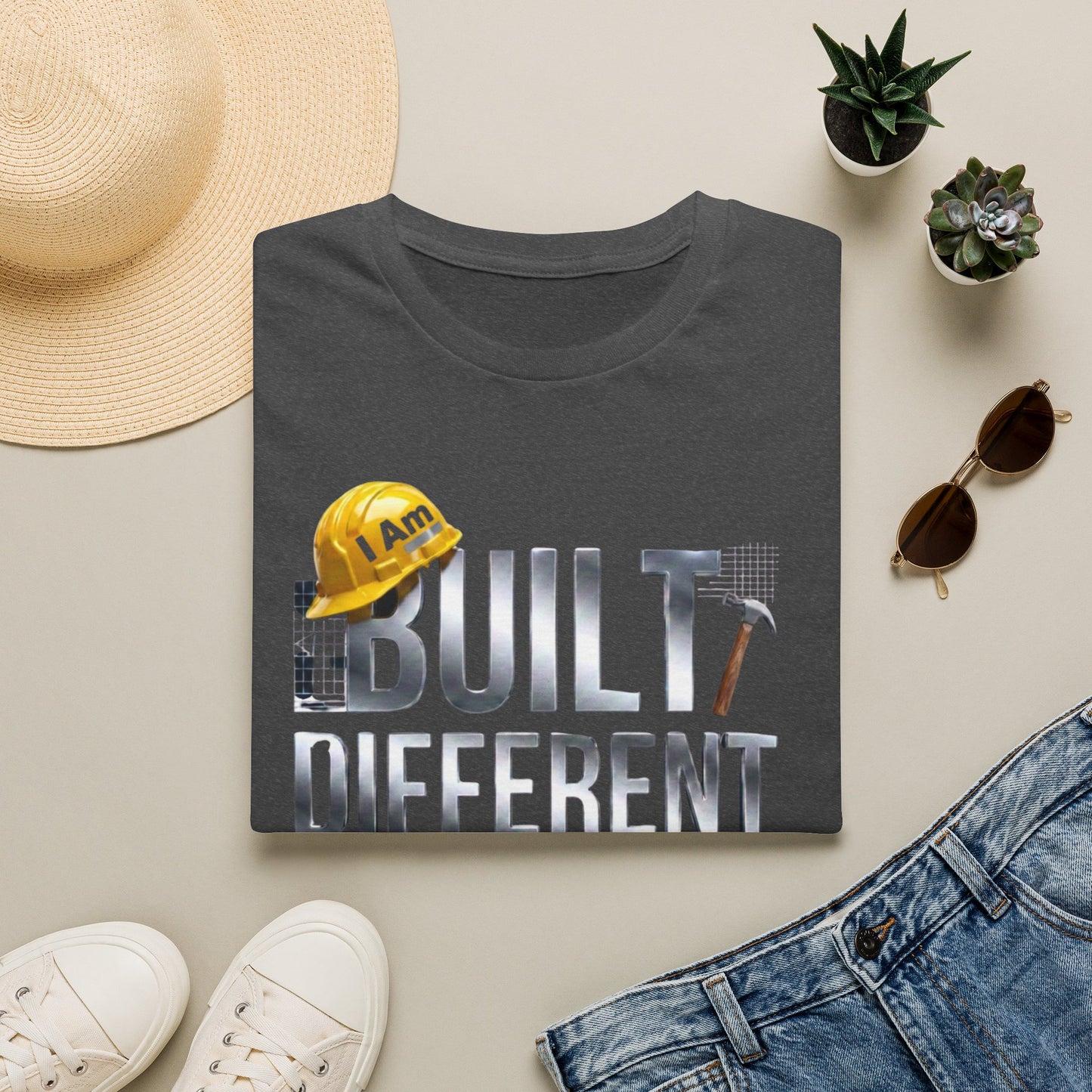 Built Different Construction T-Shirt — "I Am Built Different" Hard Hat & Hammer Tee