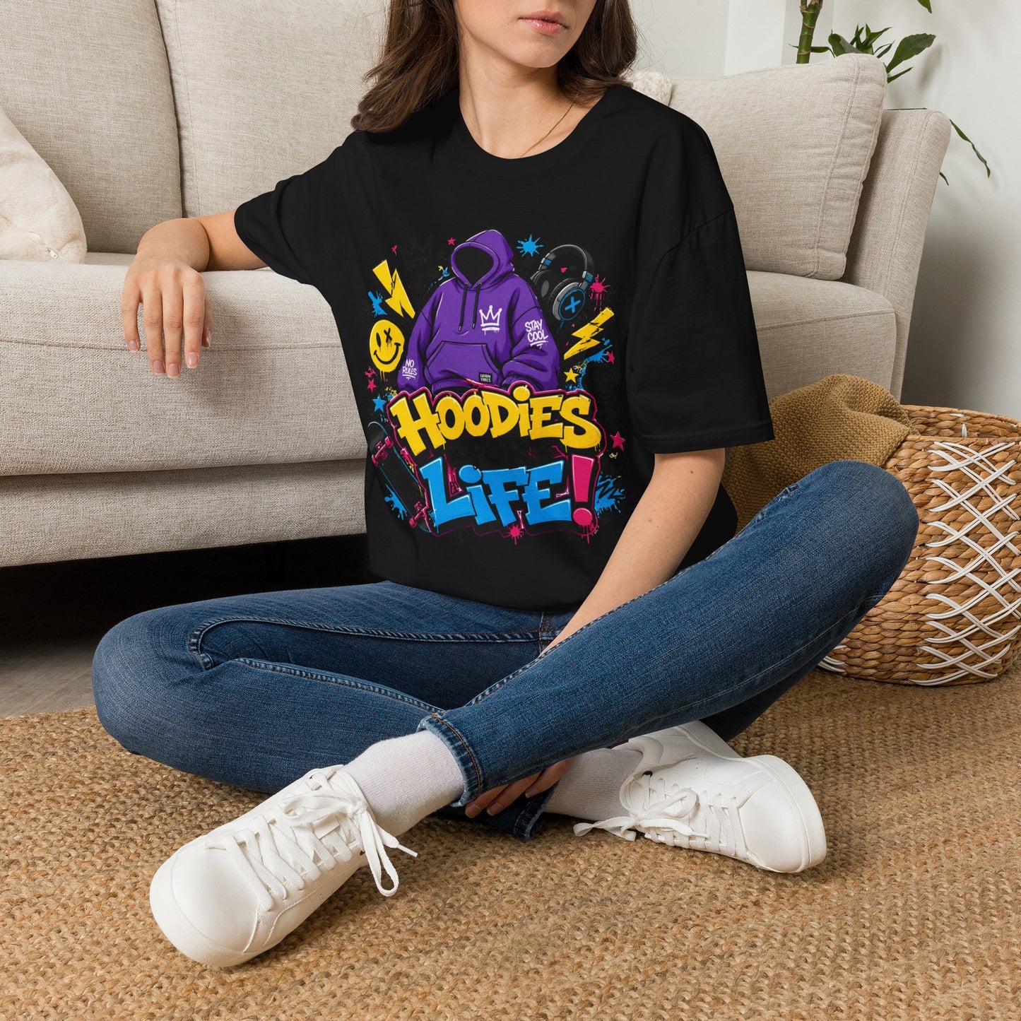 Hoodies For Life T‑Shirt — Streetwear Graphic Tee with Purple Hoodie & Graffiti Art