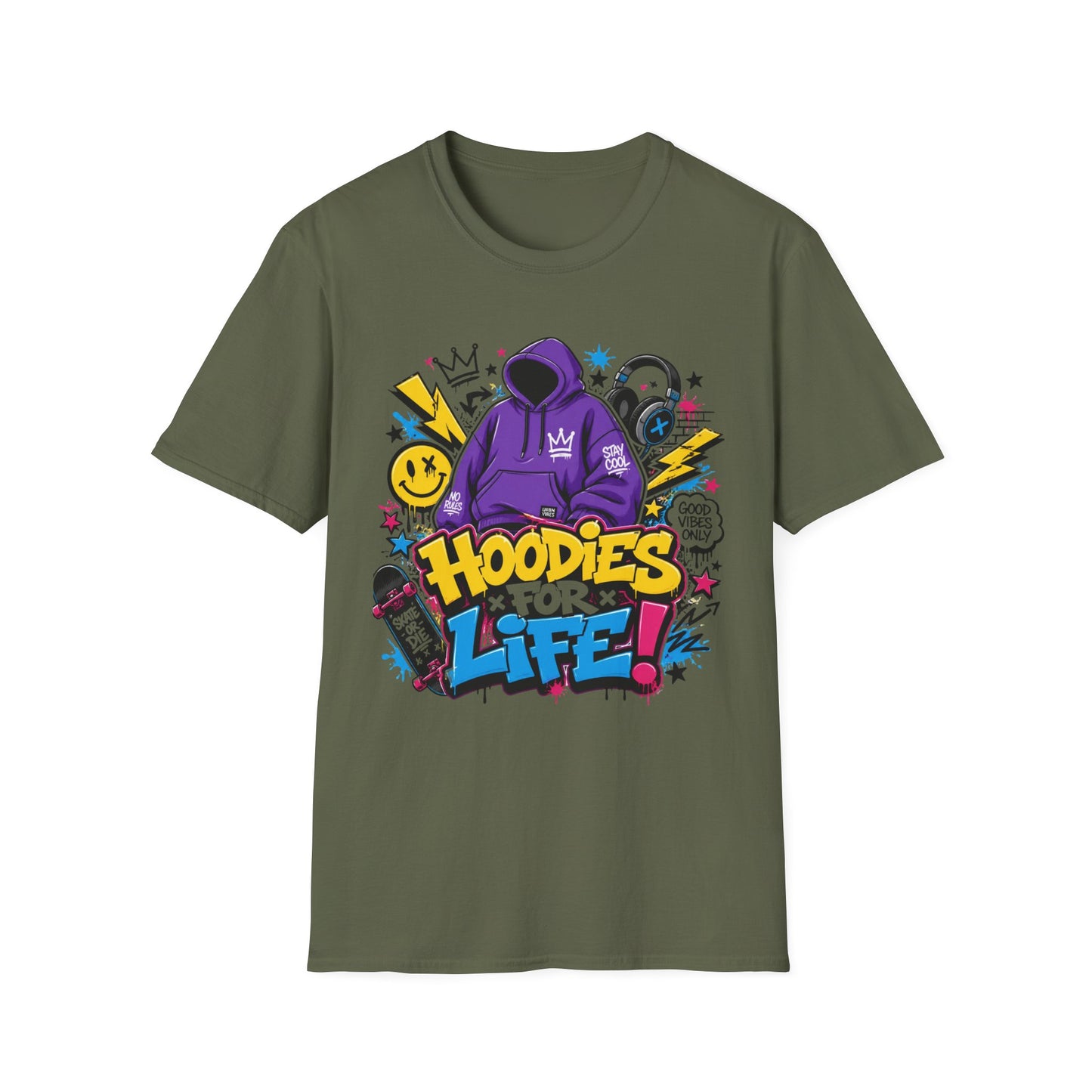 Hoodies For Life T‑Shirt — Streetwear Graphic Tee with Purple Hoodie & Graffiti Art