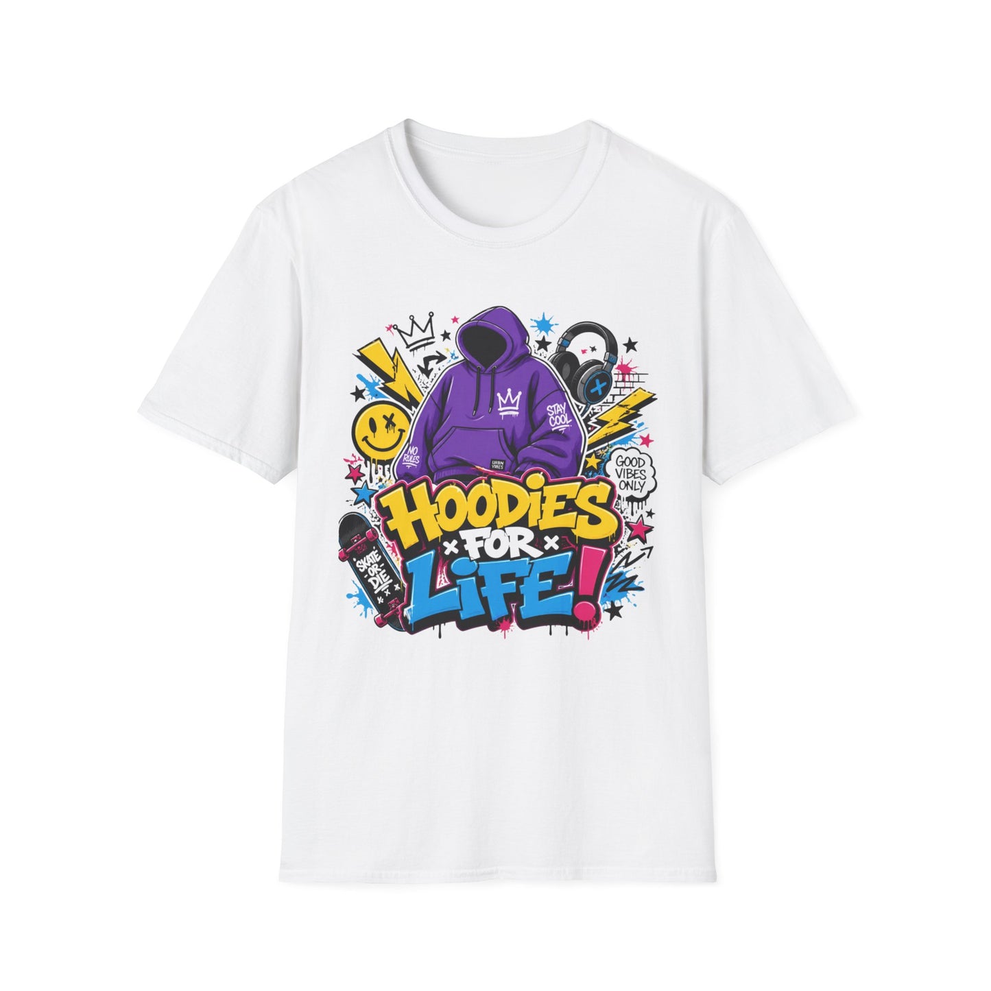 Hoodies For Life T‑Shirt — Streetwear Graphic Tee with Purple Hoodie & Graffiti Art