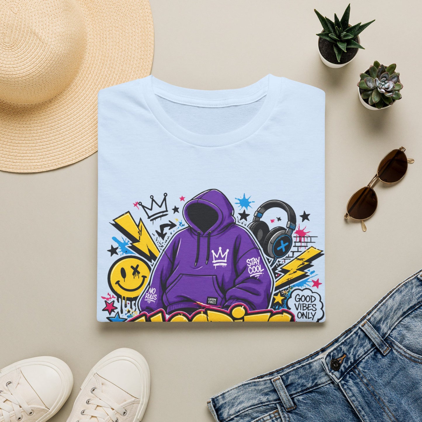 Hoodies For Life T‑Shirt — Streetwear Graphic Tee with Purple Hoodie & Graffiti Art